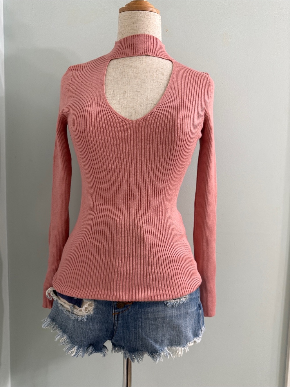 Y2K Rose Pink Ribbed Choker Neck Top S